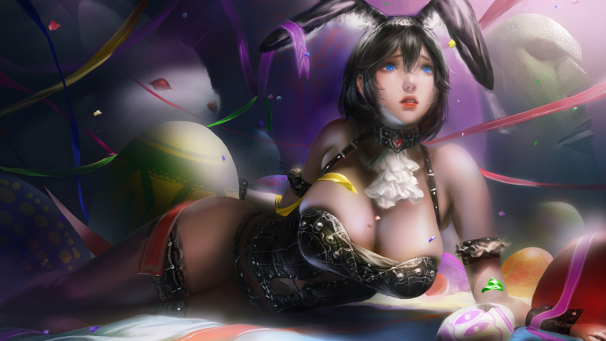 1girl animal_ears arm_behind_back arm_support armlet bangs belly_peek black_hair black_legwear black_panties blue_eyes breasts bunny_girl bunnysuit cleavage collar corset cross-laced_clothes egg fake_animal_ears gzy hair_between_eyes highres jabot lace lace-trimmed_thighhighs large_breasts lingerie looking_away lying navel on_side original panties parted_lips rabbit rabbit_ears realistic red_eyes ribbon short_hair sidelocks solo statue thigh-highs underwear wrist_cuffs