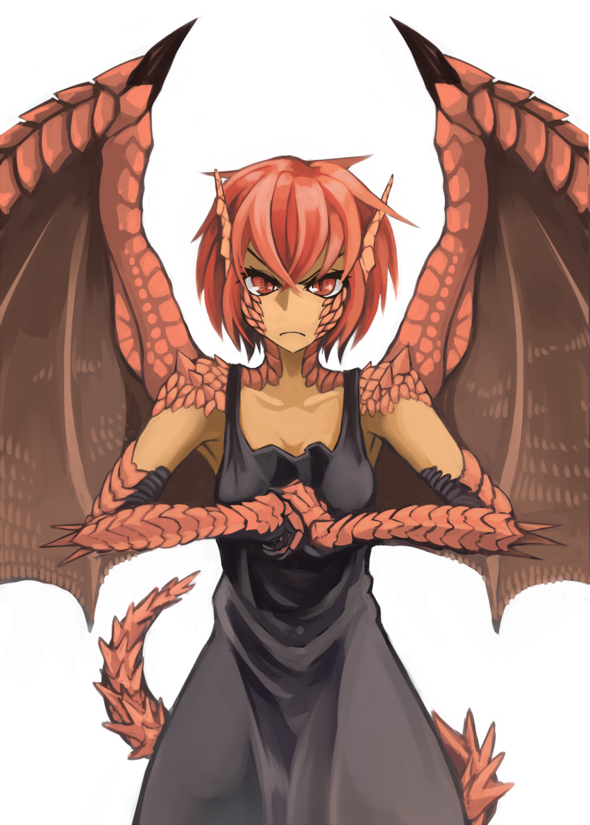 1girl angry armpits black_dress collarbone dragon_girl dragon_tail dragon_wings dress fist_in_hand highres hitokuirou looking_at_viewer monster_girl original red_eyes redhead scales short_hair simple_background sleeveless sleeveless_dress solo solo_vivace_(hitokuirou) tail wings