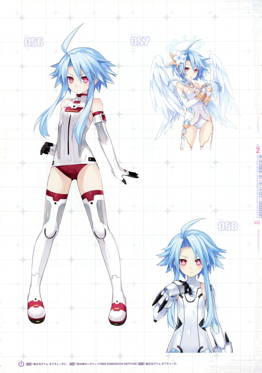 1girl absurdres ahoge alternate_costume angel_wings bangs bare_shoulders blue_hair bodysuit boots breasts closed_mouth covered_navel elbow_gloves eyebrows_visible_through_hair flat_chest flipped_hair flower four_goddesses_online:_cyber_dimension_neptune full_body gloves hair_between_eyes hair_flower hair_ornament halo halterneck hands_together highres kami_jigen_game_neptune_v leotard looking_at_viewer neptune_(series) official_art open_mouth power_symbol red_eyes scan serious short_hair short_hair_with_long_locks sidelocks small_breasts solo standing symbol-shaped_pupils thigh-highs thigh_boots tsunako turtleneck v-shaped_eyebrows vambraces white_gloves white_heart white_legwear wings