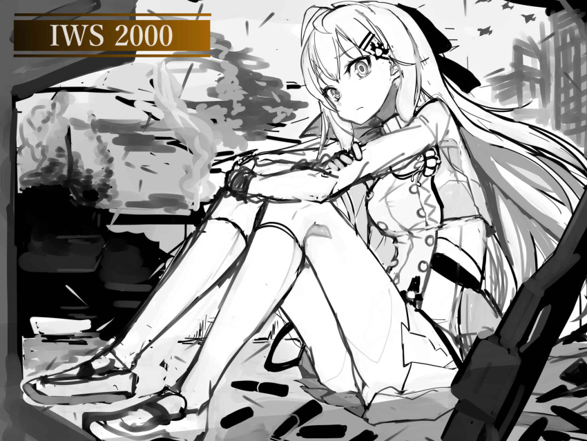 1girl ahoge aircraft airplane arms_on_knees bangs bow breasts bullet character_name cityscape closed_mouth crossed_arms expressionless eyebrows_visible_through_hair fighter_jet girls_frontline gloves greyscale hair_between_eyes hair_ornament hair_ribbon hairclip highres iws-2000_(girls_frontline) izayoi_cha jacket jet kneehighs long_hair looking_at_viewer military military_uniform military_vehicle monochrome pleated_skirt ribbon ruins shell_casing shirt shoes sidelocks sitting sketch skirt solo steyr_iws_2000 thighs uniform weapon