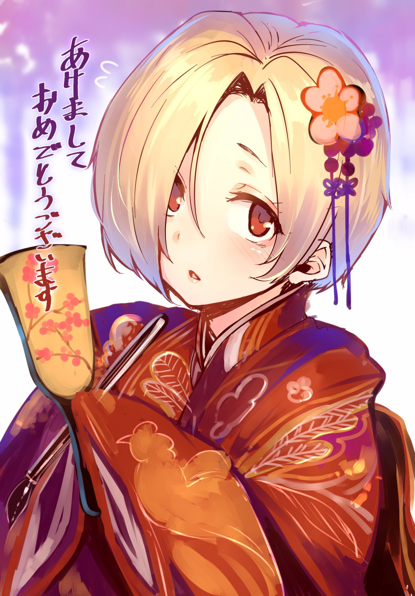 1girl absurdres blonde_hair blush calligraphy_brush cherry_blossom_print commentary_request flower furisode hagoita hair_flower hair_ornament hair_over_one_eye highres idolmaster idolmaster_cinderella_girls japanese_clothes kimono looking_at_viewer new_year paddle paintbrush parted_lips red_eyes shiokonbu shirasaka_koume short_hair sleeves_past_fingers sleeves_past_wrists solo translation_request upper_body wide_sleeves