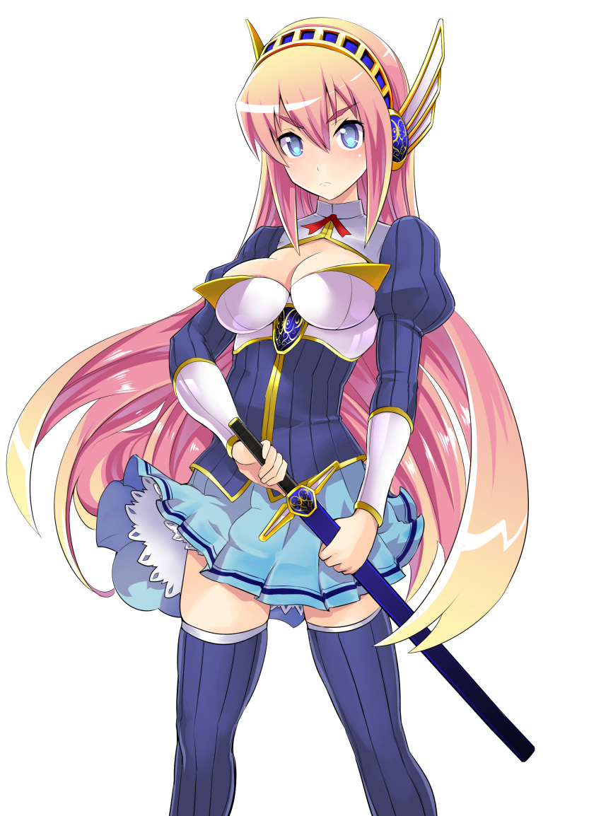 1girl absurdres blonde_hair blue_eyes breasts character_request dungeons_&amp;_princess headgear highres long_hair long_sleeves looking_at_viewer pleated_skirt skirt solo sword takashi_moritaka thigh-highs weapon