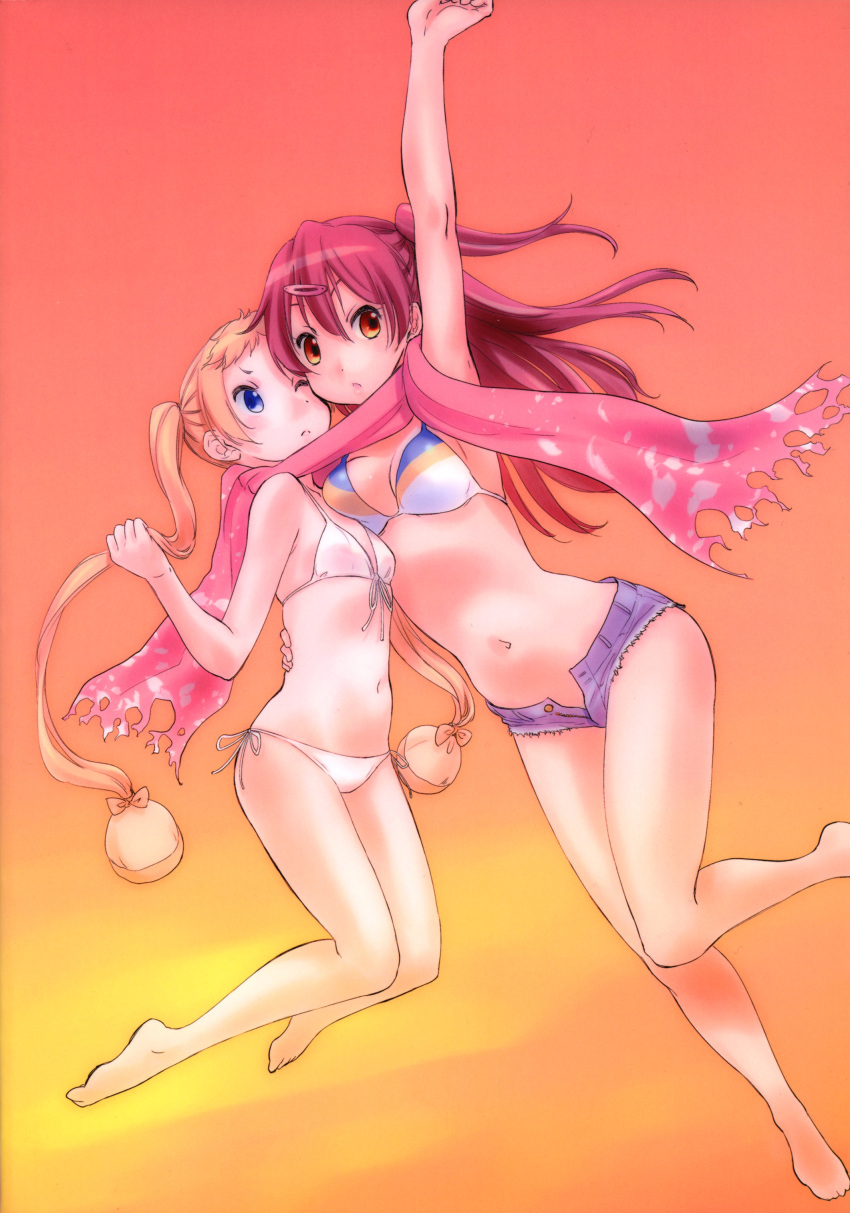 2girls ;&gt; absurdres arm_up barefoot bikini bikini_top blonde_hair blue_eyes brown_hair cheek-to-cheek chuunibyou_demo_koi_ga_shitai! dekomori_sanae highres kurogane_ken multiple_girls nibutani_shinka one_eye_closed open_mouth orange_background pink_scarf ribbon scan scarf shared_scarf short_shorts shorts striped striped_bikini swimsuit twintails white_bikini white_ribbon