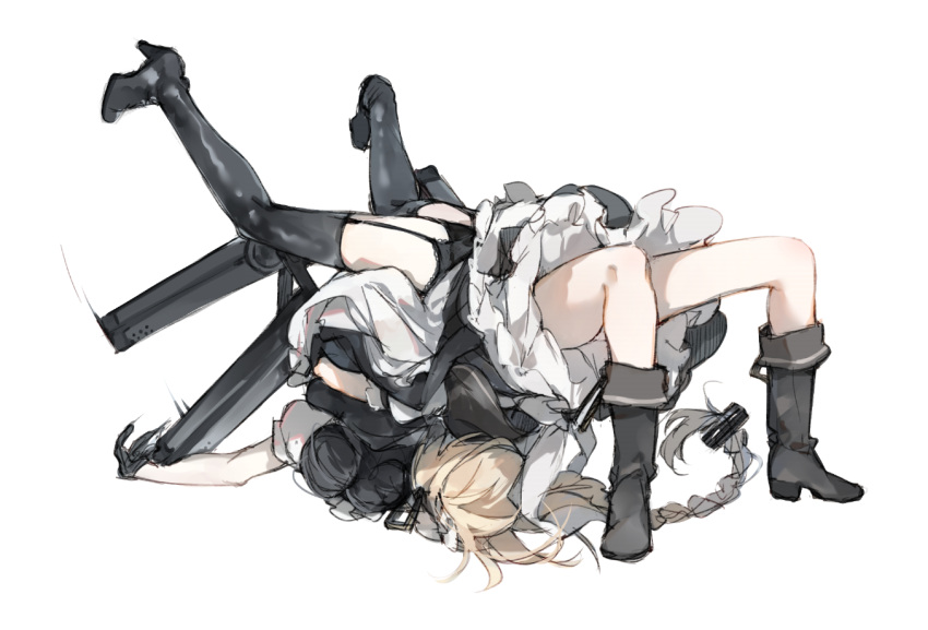 2girls agent_(girls_frontline) apron black_footwear black_gloves black_hair black_legwear blonde_hair boots braid breasts double_bun dress dress_pull full_body g36_(girls_frontline) garter_belt garter_straps german_suplex girls_frontline gloves hair_ornament knee_boots long_hair machinery maid maid_apron maid_dress maid_headdress medium_breasts multiple_girls panties sangvis_ferri shuzi simple_background skirt suplex thigh-highs thighs underwear very_long_hair weapon white_gloves wrestling