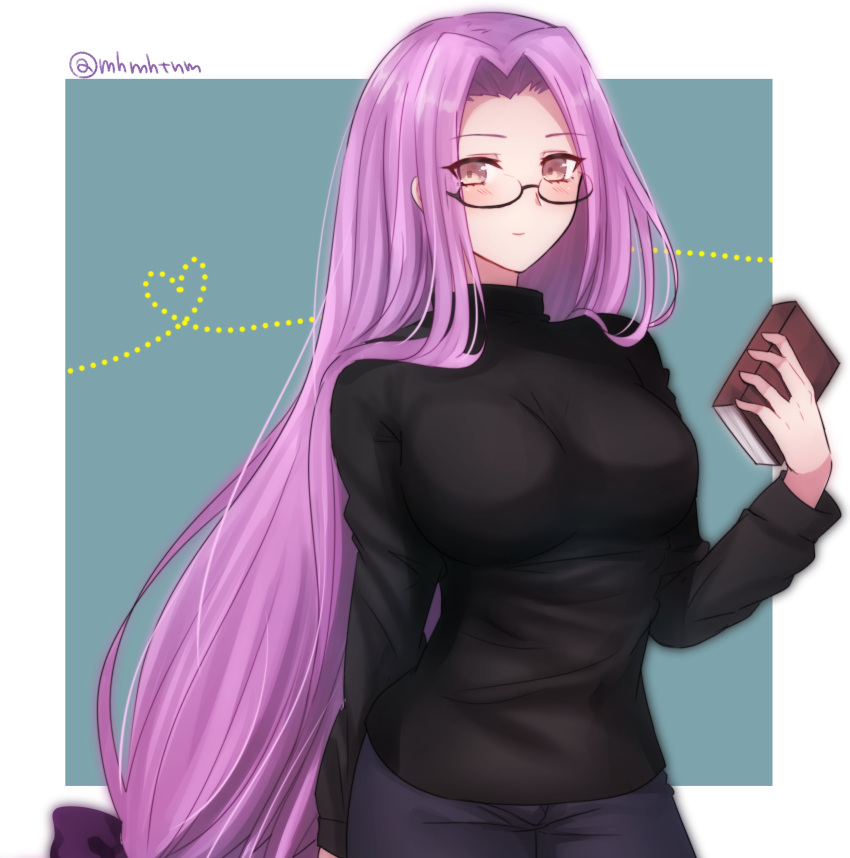 1girl absurdres black-framed_eyewear black_sweater blush book bow breasts brown_eyes closed_mouth commentary_request contrapposto denim fate/stay_night fate_(series) glasses green_background hair_ribbon heart highres holding holding_book jeans large_breasts long_hair long_sleeves medusa_(fate) medusa_(fate)_(all) pants purple_bow purple_hair ribbon rider semi-rimless_eyewear smile solo standing sweater tanaji tress_ribbon twitter_username under-rim_eyewear upper_body very_long_hair violet_eyes