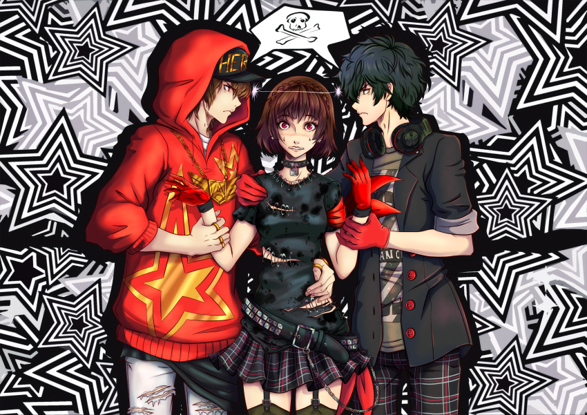 &gt;:( 1girl 2boys akechi_gorou amamiya_ren arm_around_shoulder arm_around_waist bangs belt black_hair blush braid brown_hair buttons chains choker clenched_teeth cleopatrawolf closed_mouth commentary earrings embarrassed eye_contact eyebrows_visible_through_hair french_braid garter_straps gloves gold_chain grabbing grey_eyes hand_on_another's_shoulder hand_on_another's_waist hands_up hat headphones headphones_around_neck highres hood hood_up hoodie jacket jewelry lips looking_at_another looking_at_viewer miniskirt multiple_boys niijima_makoto open_clothes open_jacket pants parted_lips pendant persona persona_5 persona_5:_dancing_star_night plaid plaid_pants plaid_skirt red_eyes red_gloves ring serious shirt short_hair short_sleeves skirt skull sleeves_rolled_up standing star star_print sweat teeth thigh-highs torn_clothes torn_pants torn_shirt v-shaped_eyebrows wavy_mouth wrist_grab zettai_ryouiki