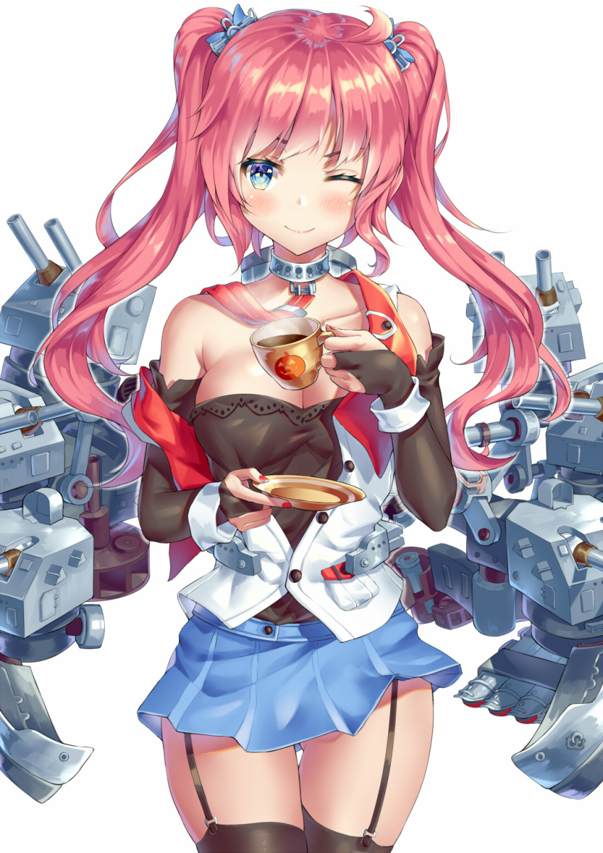 1girl ;) ahoge azur_lane bangs bare_shoulders black_legwear black_shirt blue_bow blue_eyes blue_skirt bow breasts bridal_gauntlets cleavage closed_mouth collar cowboy_shot cup drink garter_straps hair_bow highres holding holding_cup lips long_hair looking_at_viewer machinery medium_breasts miniskirt nail_polish one_eye_closed open_clothes open_vest pink_hair pocket pumpkin red_nails san_diego_(azur_lane) saucer shiny shiny_hair shirt sidelocks simple_background skirt smile solo standing tea teacup thigh-highs thighs turret unbuttoned v-shaped_eyebrows vest white_background white_vest xi_zhujia_de_rbq zettai_ryouiki
