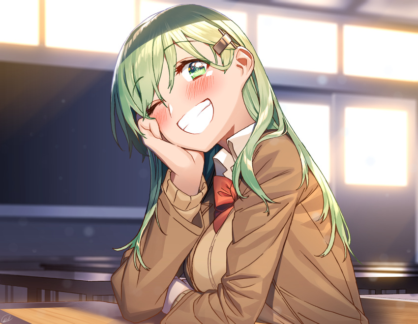 1girl ;d bangs blazer blew_andwhite blurry breasts cardigan classroom day depth_of_field eyebrows_visible_through_hair green_eyes green_hair grin highres indoors jacket kantai_collection large_breasts long_hair looking_at_viewer one_eye_closed open_blazer open_clothes open_jacket open_mouth school_uniform smile solo suzuya_(kantai_collection) teeth