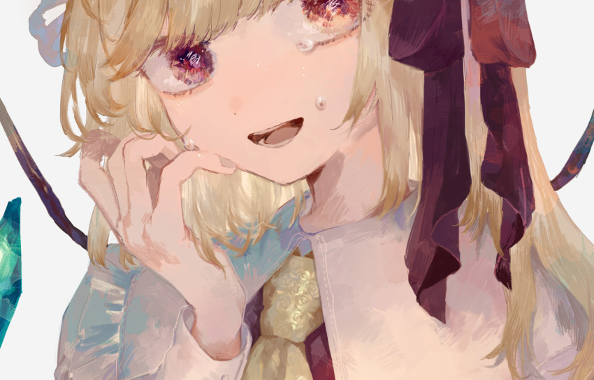 1girl ascot blonde_hair bow crying crying_with_eyes_open crystal flandre_scarlet frilled_shirt frilled_shirt_collar frills hat hat_ribbon isshin_(kaxz) looking_at_viewer medium_hair mob_cap open_mouth red_bow red_eyes red_ribbon ribbon shirt side_ponytail smile solo streaming_tears tears touhou white_shirt wings yellow_neckwear