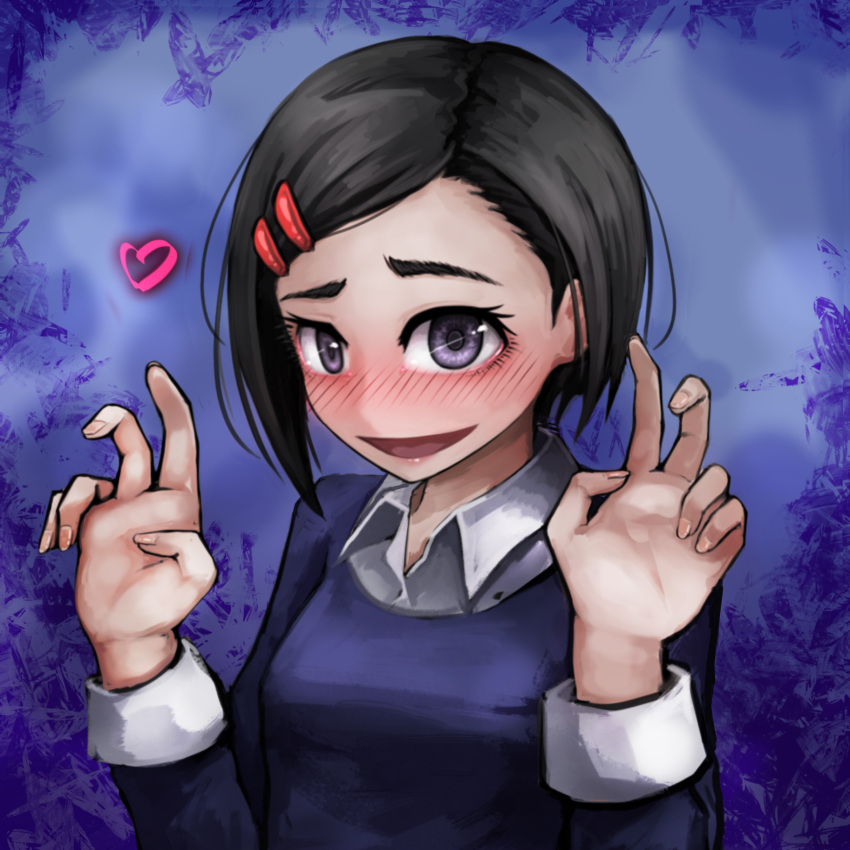 1girl :d bangs black_hair blue_background blush collared_shirt commentary_request double_v fingernails hair_ornament hairclip hands_up highres idolmaster idolmaster_cinderella_girls looking_at_viewer matsuo_chizuru nail_polish nose_blush open_mouth pink_shirt purple_sweater ray-k shirt short_hair smile solo sweater swept_bangs v violet_eyes white_shirt wing_collar