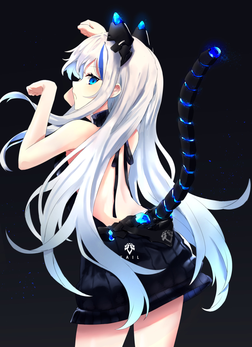 1girl animal_ears bare_back black_background blue_eyes blush cat_ears cat_tail chamnaitu commentary english glowing gradient_hair highres long_hair looking_at_viewer looking_back meme_attire multicolored_hair open_mouth original paw_pose profile standing tail two-tone_hair virgin_killer_sweater white_hair