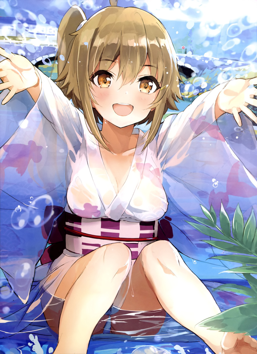 :d absurdres ahoge animal_print bare_legs barefoot blush breasts bridge cleavage collarbone day dengeki_moeou eyebrows_visible_through_hair eyes_visible_through_hair fish_print hair_between_eyes highres house japanese_clothes kimono knees_together_feet_apart light_brown_eyes light_brown_hair looking_at_viewer magazine_scan medium_breasts no_bra obi open_mouth original outdoors outstretched_arms panties pantyshot pantyshot_(sitting) print_kimono print_sash river round_teeth sash scan see-through sign sitting smile splashing spread_arms teeth tetsujin_momoko underwear wet_kimono white_kimono white_panties