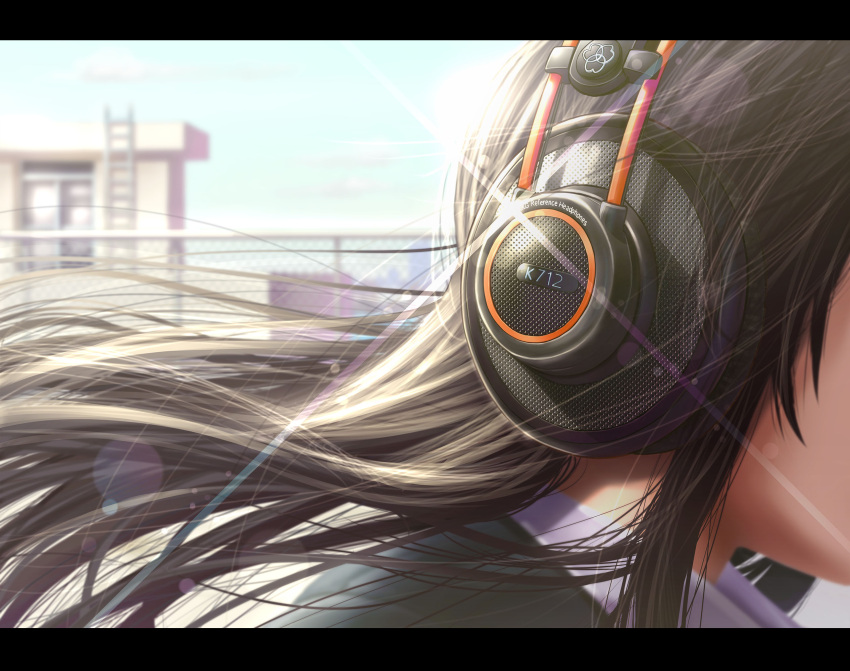 1girl black_hair blue_sky chain-link_fence close-up day fence floating_hair head_out_of_frame headphones highres k712 ladder lens_flare letterboxed original outdoors rooftop shiny shiny_hair sky solo sunlight upper_body wadapen wind