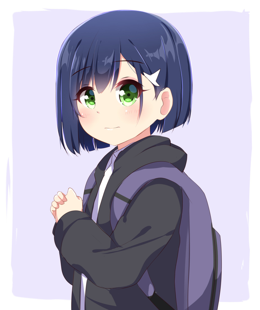 1girl absurdres agung_syaeful_anwar backpack bag bangs black_hoodie blue_hair blush closed_mouth collared_shirt commentary_request darling_in_the_franxx eyebrows_visible_through_hair green_eyes hair_between_eyes hair_ornament highres hood hood_down hoodie ichigo_(darling_in_the_franxx) long_sleeves looking_at_viewer looking_to_the_side open_clothes open_hoodie own_hands_together purple_background shirt solo two-tone_background white_background white_shirt