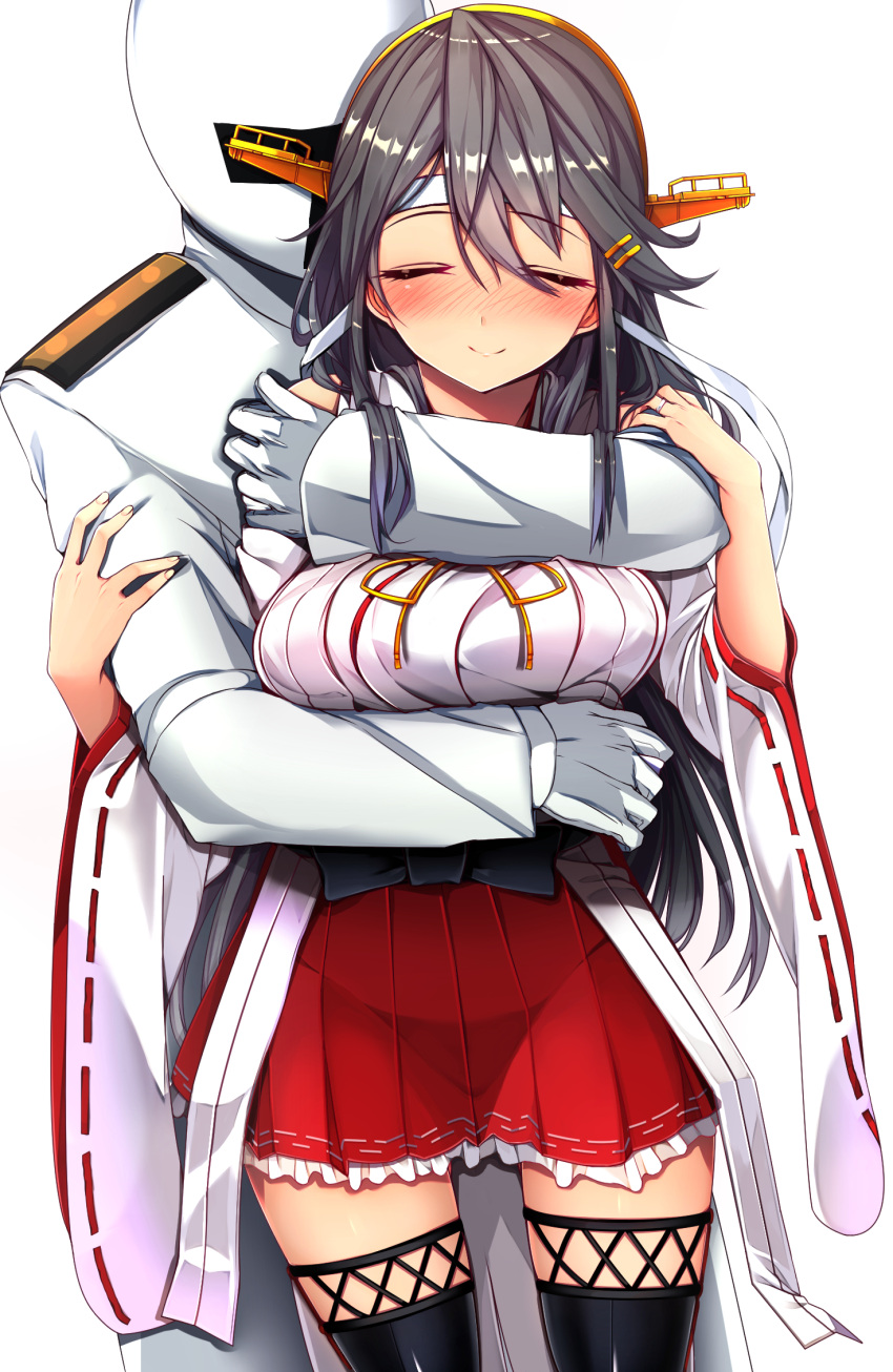 1boy 1girl black_hair blush boots breasts closed_eyes cowboy_shot frilled_skirt frills hachimaki hair_ornament hairband hairclip haruna_(kantai_collection) headband headgear highres hug hug_from_behind japanese_clothes kantai_collection large_breasts long_hair nontraditional_miko red_skirt remodel_(kantai_collection) ribbon-trimmed_sleeves ribbon_trim skirt smile standing t-head_admiral thigh-highs thigh_boots tsukui_kachou wide_sleeves