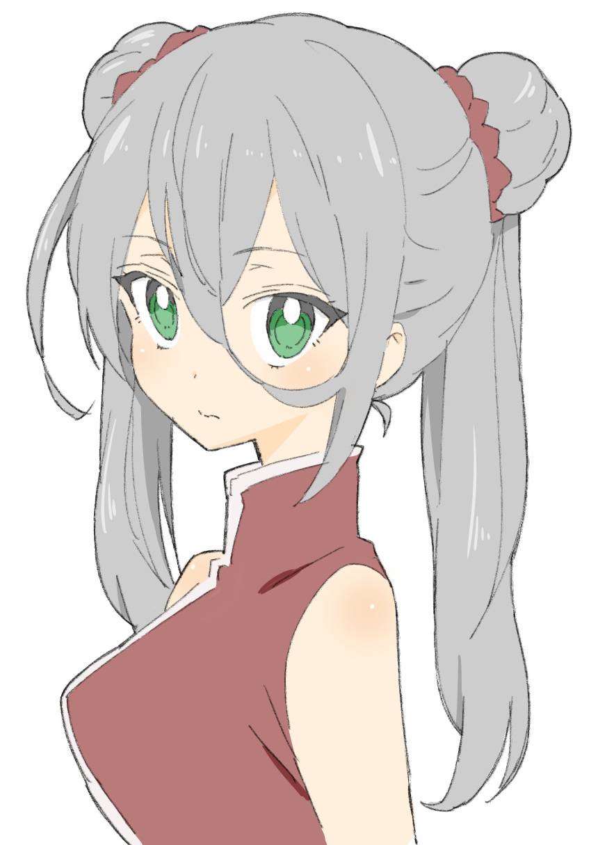 1girl absurdres china_dress chinese_clothes closed_mouth donguri_suzume double_bun dress eyebrows_visible_through_hair green_eyes grey_hair hair_between_eyes highres long_hair original red_dress simple_background sleeveless sleeveless_dress solo twintails upper_body white_background