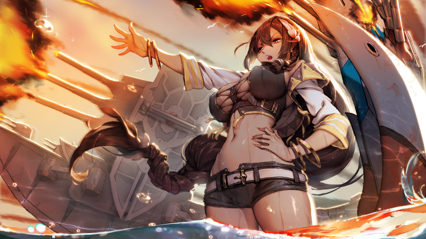 1girl absurdres action azur_lane bangle bangs bare_shoulders belt bird black_hair bracelet braid breasts brown_eyes buckle cannon cleavage crop_top dark_skin evening feathers firing floating_hair hair_between_eyes hair_feathers hair_ornament han-0v0 hand_on_hip highres jewelry large_breasts long_hair looking_afar machinery nail_polish native_american navel necklace open_mouth outdoors outstretched_hand partially_submerged rigging short_shorts shorts sidelocks skindentation sleeves_folded_up solo south_dakota_(azur_lane) splashing standing_in_water stomach tassel thigh-highs turrets water water_drop wet wet_clothes wet_hair