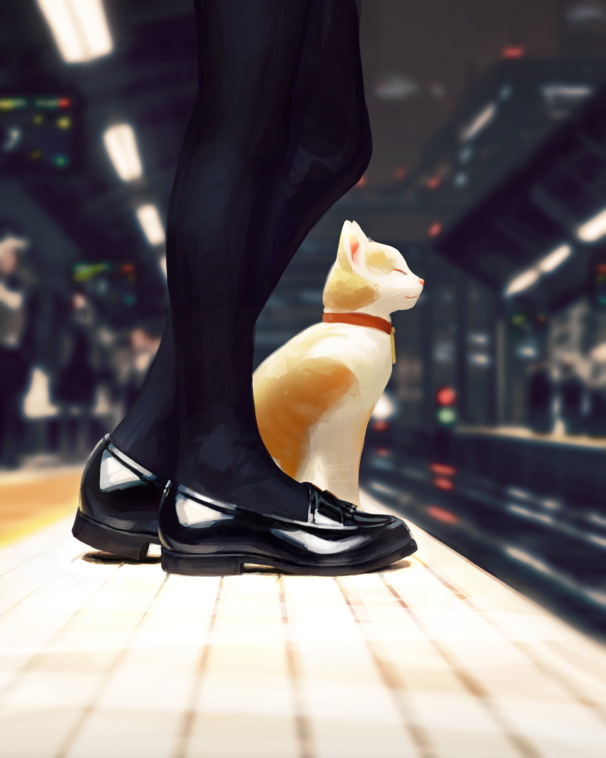 1girl absurdres animal black_footwear black_legwear blurry blurry_background cat cat_focus closed_eyes closed_mouth depth_of_field from_side guweiz highres loafers lower_body original pantyhose profile railroad_tracks shoes smile standing train_station train_station_platform whiskers