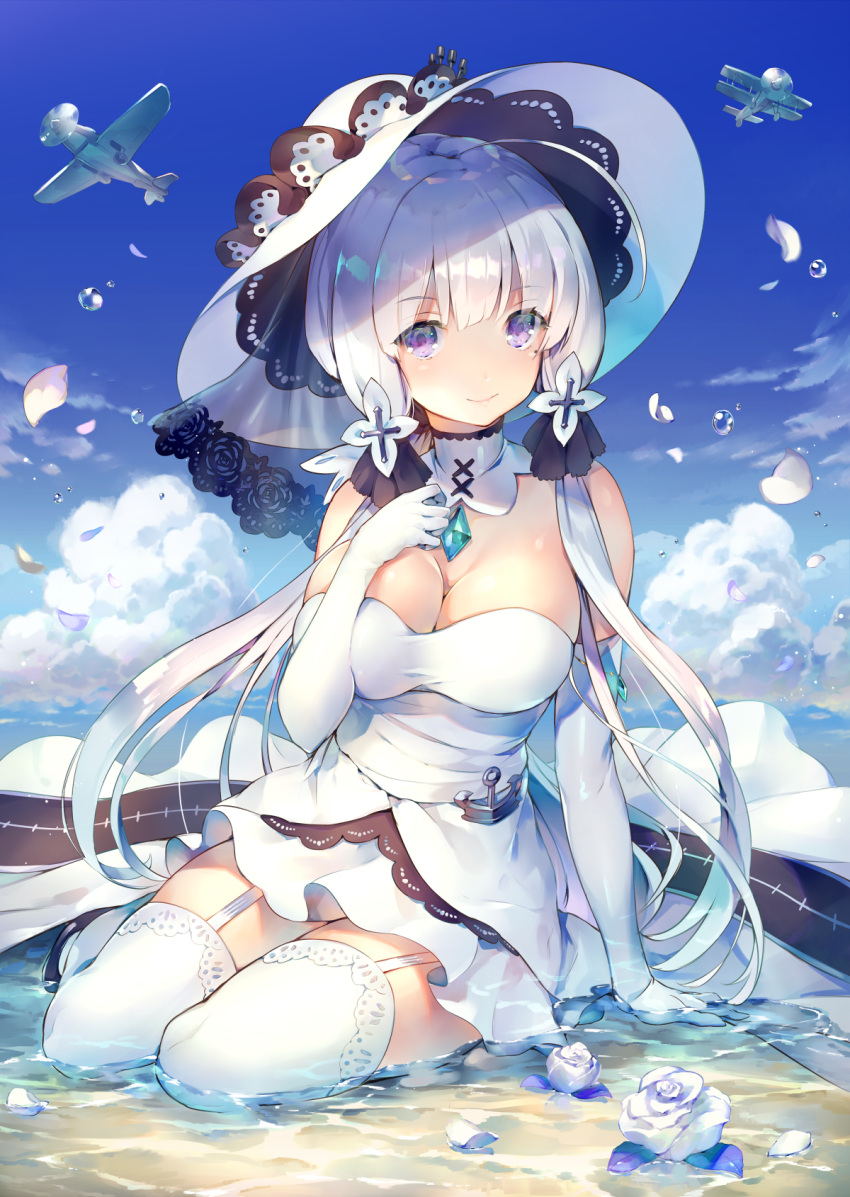 1girl ahoge anchor arm_support azur_lane bangs bare_shoulders blue_sky breasts cleavage closed_mouth clouds day deecha detached_collar dress elbow_gloves eyebrows_visible_through_hair flower full_body garter_straps gem gloves hair_ornament hand_on_own_chest hat highres illustrious_(azur_lane) long_hair looking_at_viewer medium_breasts mole mole_under_eye ocean outdoors petals propeller rose rose_petals see-through shallow_water shiny shiny_hair silver_hair sitting sky smile solo sun_hat tareme thigh-highs tri_tails veil very_long_hair water_drop white_dress white_flower white_gloves white_hat white_legwear white_rose yokozuwari zettai_ryouiki