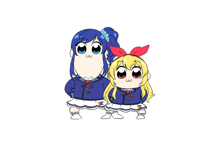 2girls :3 aikatsu! aikatsu!_(series) blonde_hair blue_eyes blue_hair blue_jacket bow commentary_request eyebrows_visible_through_hair hair_bow hairband highres hoshimiya_ichigo jacket kiriya_aoi legs_apart long_hair looking_at_viewer multiple_girls parody pipimi poptepipic popuko red_bow red_eyes shoes side_ponytail simple_background skirt ulrich_(tagaragakuin) white_background white_footwear white_skirt