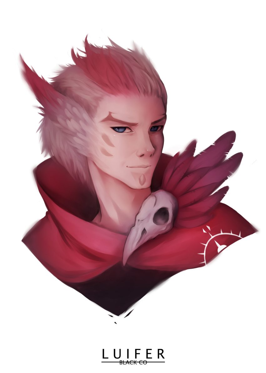 1boy absurdres artist_name beard black-co blue_eyes facial_hair facial_mark feathers highres league_of_legends male_focus multicolored_hair portrait rakan_(league_of_legends) redhead simple_background skull solo two-tone_hair white_background white_hair
