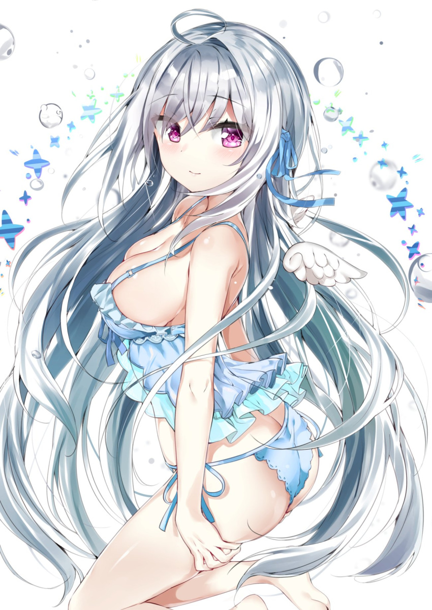 1girl ahoge angel_wings ass breasts copyright_request frills highres kamioka_shun'ya long_hair medium_breasts panties red_eyes side-tie_panties underwear white_hair wings