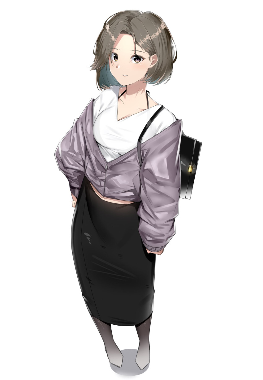 1girl bag black_skirt bra_strap breasts commentary_request full_body grey_eyes grey_hair grey_jacket hand_on_hip highres jacket large_breasts long_sleeves looking_at_viewer off_shoulder original parted_lips pencil_skirt pigeon-toed short_hair shoulder_bag simple_background skirt solo suzuharu_toufu white_background