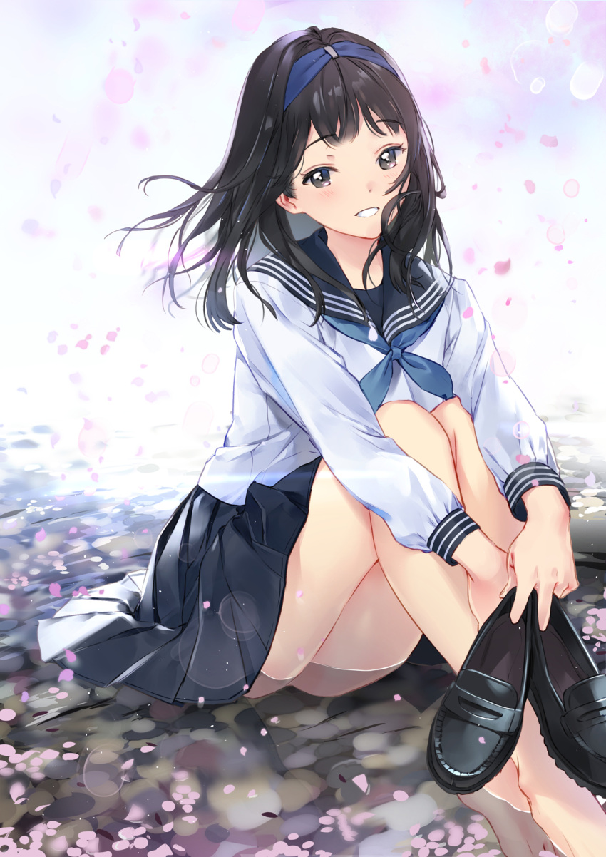 1girl bangs black_hair blue_hairband blush cherry_blossoms commentary_request eyebrows_visible_through_hair hairband highres holding holding_shoes in_water loafers long_hair looking_at_viewer macciatto_(aciel02) open_mouth original petals pleated pleated_skirt school_uniform shoes shoes_removed sitting skirt smile solo thighs water