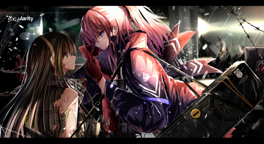 ar-15 armband armor assault_rifle bangs barbed_wire black_gloves black_hair blood blood_on_face blue_eyes breasts brown_eyes brown_hair crying damaged deep_wound digi-mind_update_(girls_frontline) eyebrows_visible_through_hair girls_frontline gloves gun haguruma_(hagurumali) hair_ornament headphones highres holding holding_gun holding_weapon injury jacket light_particles lights long_hair looking_at_another m4a1_(girls_frontline) multicolored_hair multiple_girls night one_side_up parted_lips pink_hair ribbed_shirt rifle ruins scarf shirt sidelocks snow snowing st_ar-15_(girls_frontline) strap streaked_hair tears torn_clothes weapon weapon_case