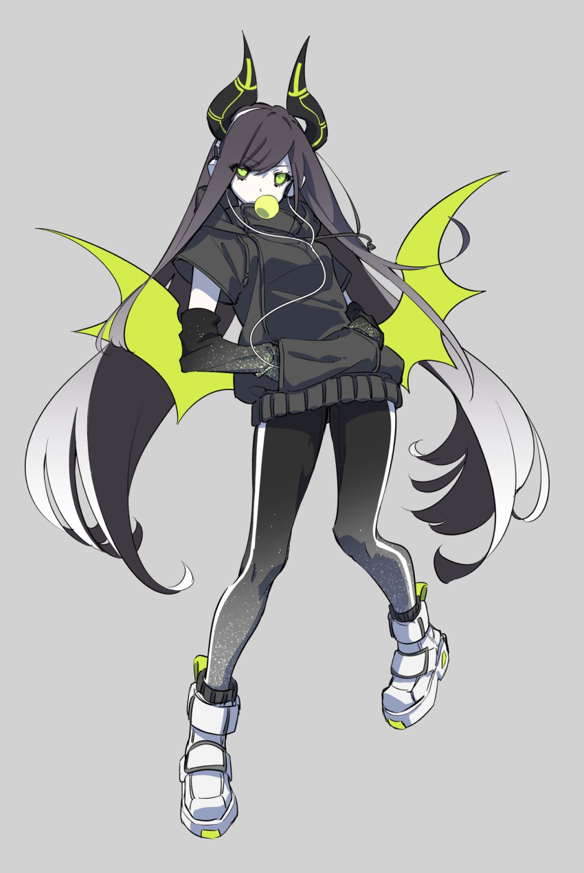 1girl black_hoodie black_pants black_sclera bubble_blowing chewing_gum demon_girl demon_horns demon_wings detached_sleeves eyebrows_visible_through_hair eyes_visible_through_hair full_body green_eyes grey_background hands_in_pocket highres hood hood_down hoodie horns looking_at_viewer original pants shoes short_sleeves simple_background solo standing track_pants westxost_(68monkey) white_footwear wings