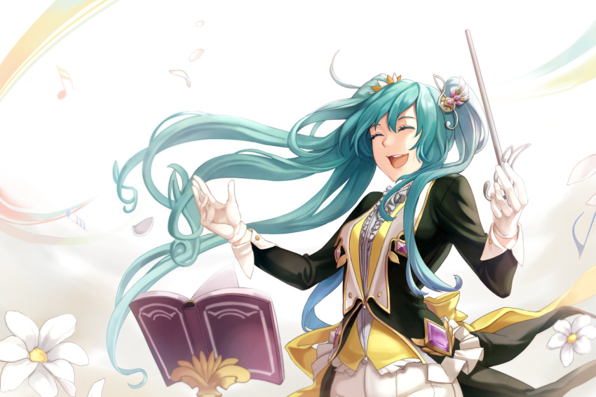 1girl aqua_hair arms_up book closed_eyes conductor cowboy_shot ddaomphyo flower frills gloves hair_flower hair_ornament hatsune_miku long_hair long_sleeves musical_note musical_note_hair_ornament open_mouth petals smile solo stand twintails upper_teeth very_long_hair vest vocaloid wand white_gloves