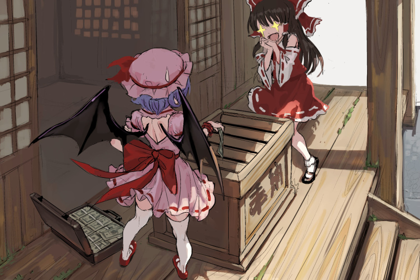 +_+ 2girls backless_outfit bat_wings black_footwear black_hair blue_hair bow box detached_sleeves donation_box dress fkey hair_bow hair_tubes hakurei_reimu hat hat_ribbon long_hair mob_cap money multiple_girls open-back_dress open_mouth own_hands_together pink_dress pink_hat red_bow red_footwear red_ribbon red_skirt remilia_scarlet ribbon ribbon-trimmed_skirt ribbon-trimmed_sleeves ribbon_trim sash shoes shrine sidelocks skirt smile socks stairs standing suitcase sweatdrop thigh-highs touhou white_legwear wide_sleeves wings wooden_floor wrist_cuffs