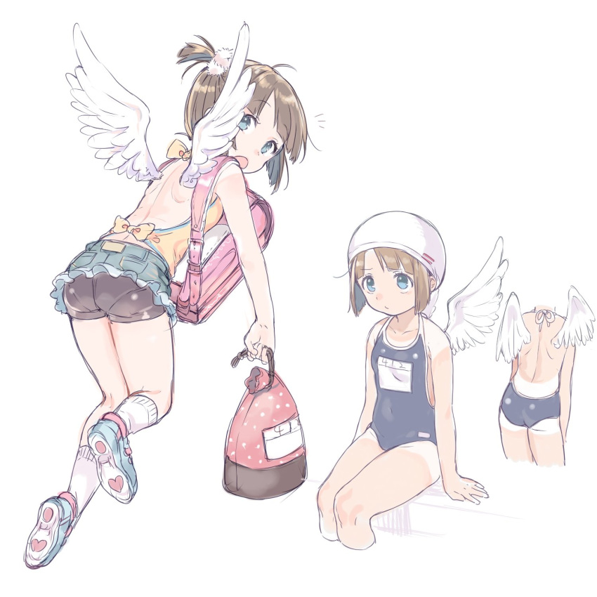 1girl :o ahoge angel backless_outfit backpack bag bangs blue_eyes blue_footwear blue_swimsuit brown_hair commentary_request denim denim_skirt feathered_wings flying hair_bobbles hair_ornament heart highres looking_at_viewer looking_back miniskirt multiple_views one-piece_swimsuit original pouch randoseru rojiko school_swimsuit shoes shorts_under_skirt side_ponytail simple_background skirt socks swimsuit tan tanline white_background white_legwear white_wings wings