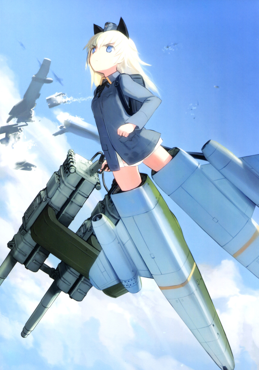 1girl absurdres animal_ears antiaircraft_weapon backpack bag blonde_hair blue_eyes gun helma_lennartz highres long_hair military military_uniform official_art panties shimada_fumikane sky solo striker_unit tail underwear uniform weapon white_panties world_witches_series