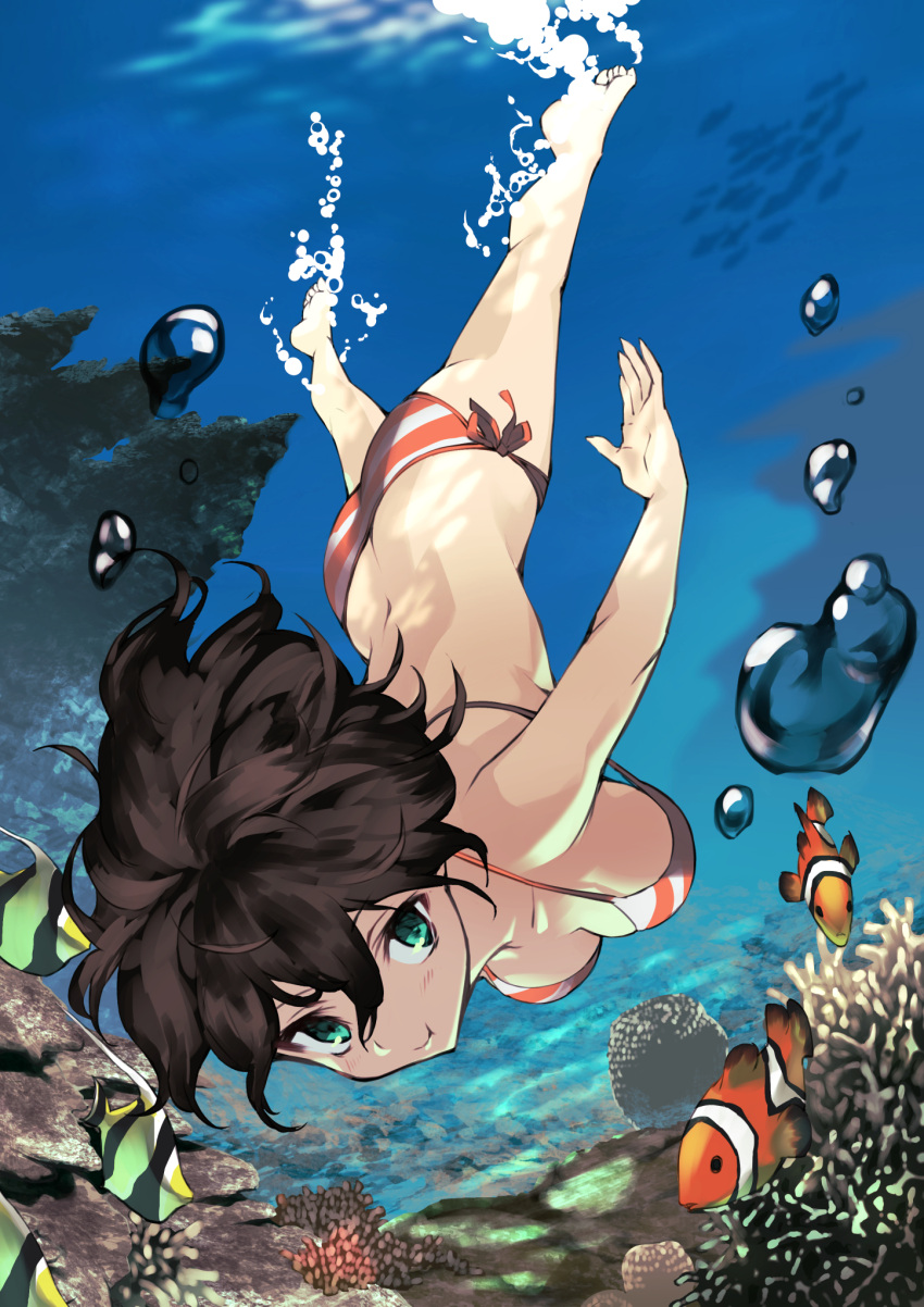 1girl :t air_bubble bangs bare_legs bikini black_hair breasts bubble closed_mouth clownfish coral green_eyes hair_between_eyes highres looking_at_viewer medium_breasts moe2018 nuqura original red_bikini short_hair side-tie_bikini solo striped striped_bikini swimming swimsuit underwater