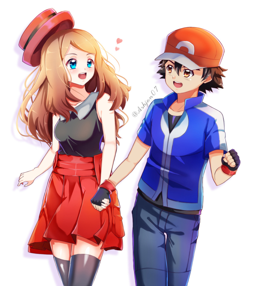 1boy 1girl ashujou baseball_cap black_gloves black_legwear black_skirt blue_eyes blush couple gloves hand_holding hat hat_removed headwear_removed hetero highres holding long_hair looking_at_another open_mouth pokemon pokemon_(anime) pokemon_(game) pokemon_xy pokemon_xy_(anime) satoshi_(pokemon) serena_(pokemon) simple_background skirt smile