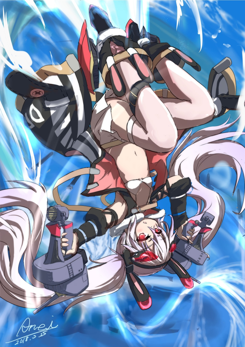 animal_ears artist_request azur_lane bra commentary_request dual_wielding fake_animal_ears flat_chest gun hair_ornament handgun highres laffey_(azur_lane) lavender_hair long_hair navel outstretched_arms pistol red_eyes remodel_(azur_lane) signature spread_arms thigh-highs twintails underwear upside-down water weapon