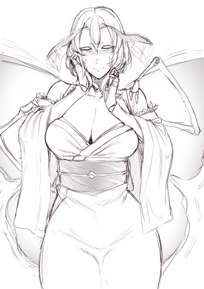 1girl antennae antennae_wagging bare_shoulders blush breasts embarrassed greyscale hair_between_eyes hands_on_own_cheeks hands_on_own_face highres insect_girl insect_wings japanese_clothes large_breasts monochrome monster_girl nakamura_regura obi original sash short_hair sketch solo wavy_mouth wide_sleeves wings