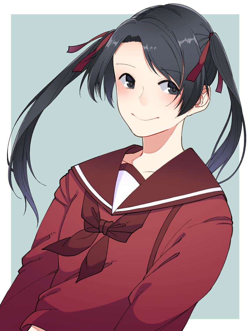 1girl black_eyes black_hair brown_neckerchief brown_sailor_collar brown_serafuku hair_ribbon highres kantai_collection long_hair looking_to_the_side mikuma_(kantai_collection) neckerchief red_ribbon ribbon sailor_collar sailor_shirt school_uniform serafuku shirt smile solo tanaka_io_(craftstudio) twintails upper_body