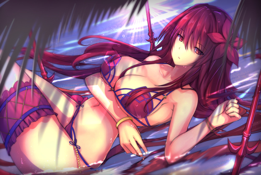 1girl antiqq bikini bracelet breasts cleavage fate/grand_order fate_(series) flower gae_bolg hair_flower hair_ornament hibiscus jewelry large_breasts leg_garter looking_at_viewer lying navel on_back palm_tree partially_submerged pink_bikini purple_bikini purple_hair red_eyes scathach_(fate/grand_order) scathach_(swimsuit_assassin)_(fate) swimsuit tree water