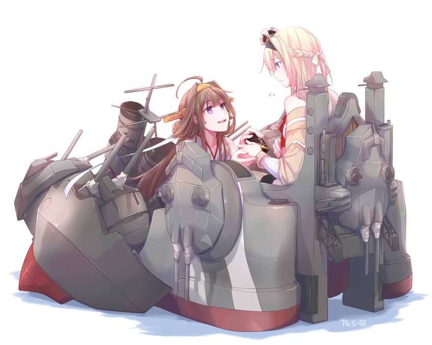 2girls absurdres ahoge blonde_hair blue_eyes braid brown_hair cannon crown detached_sleeves double_bun dress french_braid headgear highres kantai_collection kongou_(kantai_collection) long_hair long_sleeves mini_crown multiple_girls nontraditional_miko off-shoulder_dress off_shoulder pin.s remodel_(kantai_collection) rigging simple_background sitting thigh-highs throne turret warspite_(kantai_collection) white_background white_dress white_legwear