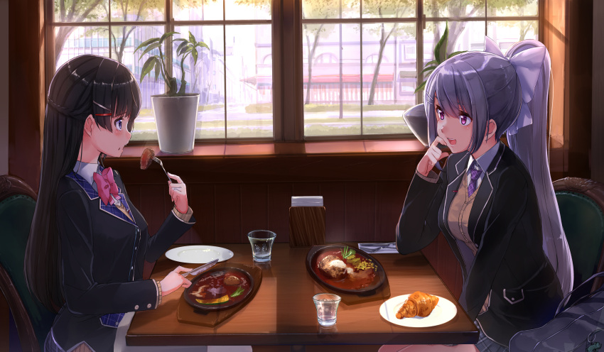 1girl 2girls :o absurdres akasaai bag bangs black_hair black_jacket blazer bow bowtie breasts building chair croissant cup day drink drinking_glass duffel_bag eyebrows_visible_through_hair food food_on_face fork from_side hair_bow hair_ornament hairclip highres higuchi_kaede holding indoors interior jacket knife long_hair long_sleeves meat medium_breasts multiple_girls necktie nijisanji on_chair open_mouth pink_bow pink_neckwear plaid_neckwear plant plate ponytail potted_plant profile purple_neckwear restaurant road school_uniform shiny shiny_hair sitting street table town tree tsukino_mito upper_body very_long_hair violet_eyes virtual_youtuber white_bow window windowsill wing_collar
