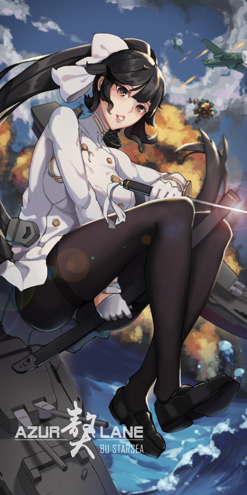 1girl aiguillette aircraft airplane azur_lane battleship between_legs black_footwear black_hair bow bullet cannon clouds explosion fire gloves hair_bow hair_flaps highres holding holding_sheath holding_sword holding_weapon katana military military_uniform military_vehicle miniskirt ocean panties panties_under_pantyhose pantyhose pleated_skirt ponytail ribbon scabbard sheath ship skirt sky starsea sword takao_(azur_lane) thigh-highs thighband_pantyhose underwear uniform warship water watercraft waves weapon white_bow white_gloves white_ribbon white_skirt