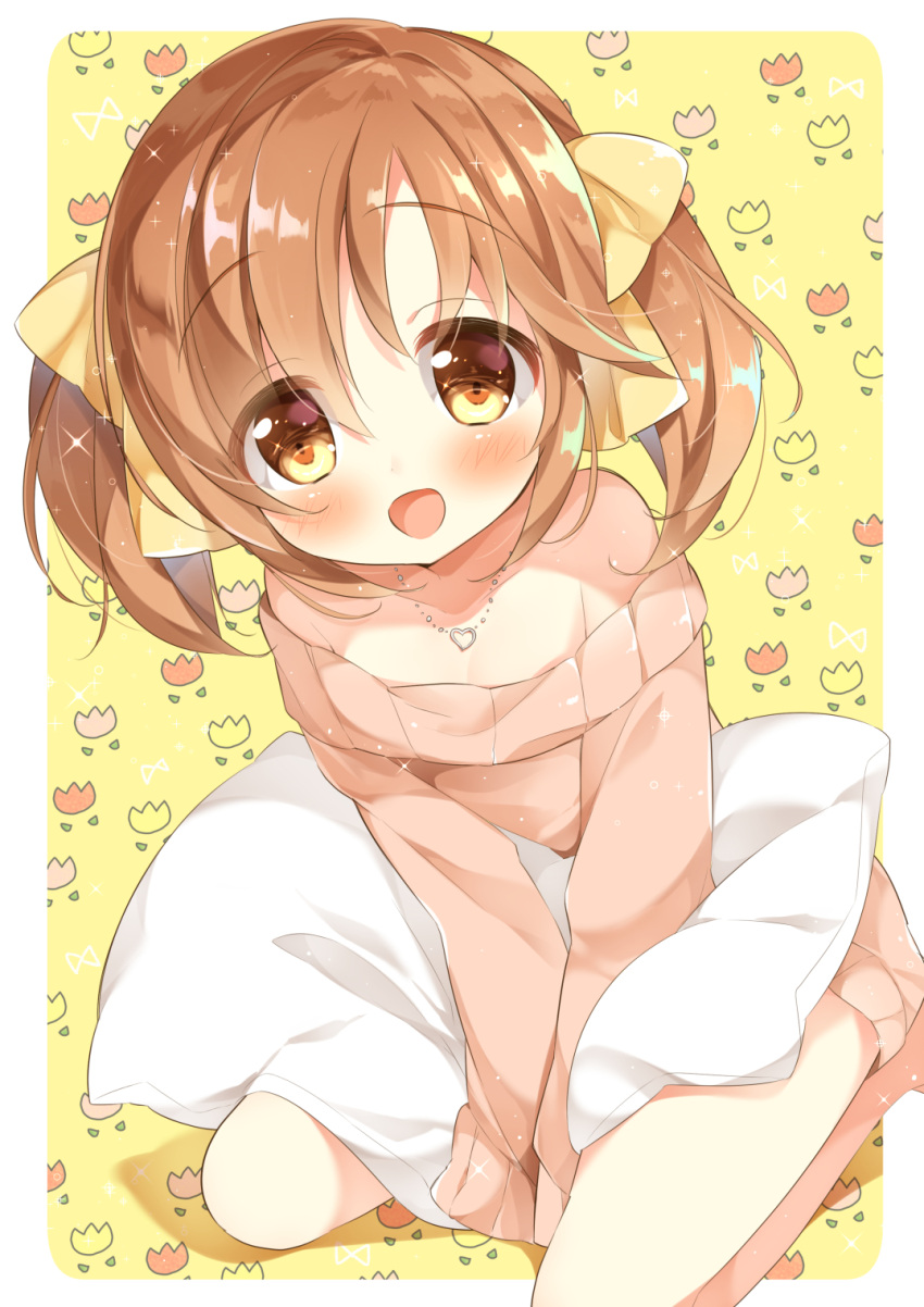 1girl :d bare_shoulders blush brown_hair child commentary_request gau_(n00_shi) hair_ribbon highres idolmaster idolmaster_cinderella_girls jewelry long_sleeves looking_at_viewer necklace open_mouth pillow ribbon short_hair sitting sleeves_past_wrists smile solo sweater totoki_airi twintails wariza yellow_background yellow_eyes yellow_ribbon younger