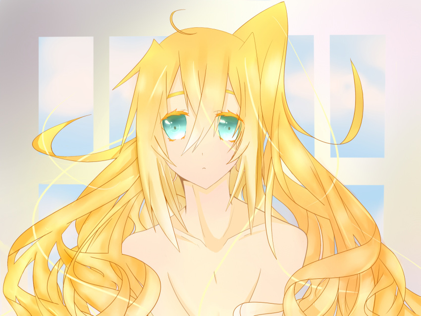 1boy ahoge bare_shoulders blonde_hair blue_eyes highres long_hair male_focus merman monster_boy orenchi_no_furo_jijou shirtless solo wakasa_(orenchi_no_furo_jijou)