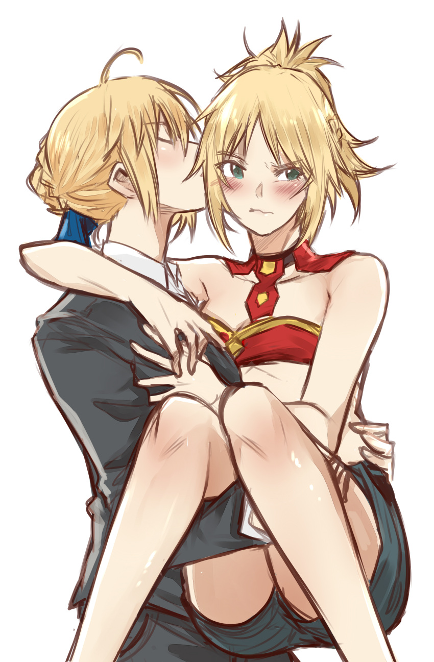 2girls absurdres ahoge arm_around_shoulders artoria_pendragon_(all) bare_shoulders blonde_hair blue_ribbon blue_shorts blush bra braid closed_eyes collared_shirt eyebrows_visible_through_hair fate/grand_order fate_(series) formal french_braid green_eyes hair_ribbon high_ponytail highres kiss long_sleeves looking_away mordred_(fate) mordred_(fate)_(all) multiple_girls person_carrying red_bra ribbon saber shirt short_hair shorts simple_background sleeveless suit tetsumoru tsurime underwear white_background yuri