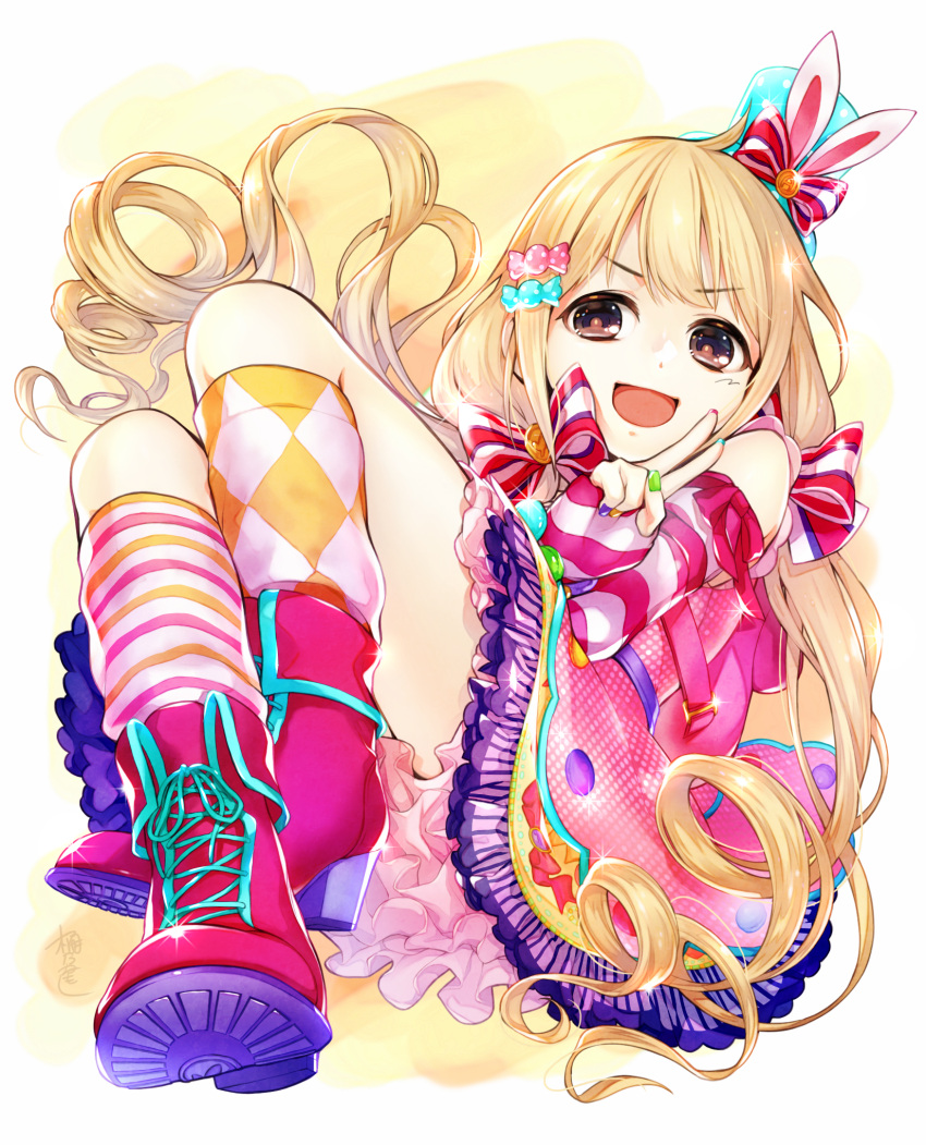 1girl animal_ears argyle argyle_legwear blonde_hair boots bow brown_eyes candy_hair_ornament commentary_request cross-laced_footwear curly_hair detached_sleeves dress eyebrows_visible_through_hair fingerless_gloves food_themed_hair_ornament frilled_dress frills futaba_anzu gloves hair_ornament hairclip hat high_heel_boots high_heels highres idolmaster idolmaster_cinderella_girls idolmaster_cinderella_girls_starlight_stage kneehighs legs_crossed long_hair looking_at_viewer low_twintails mini_hat mismatched_legwear multicolored multicolored_nail_polish nail_polish okeno_kamoku open_mouth pink_dress rabbit_ears ribbon sitting sleeveless sleeveless_dress sleeves_past_wrists smile solo striped striped_bow striped_legwear striped_sleeves twintails v