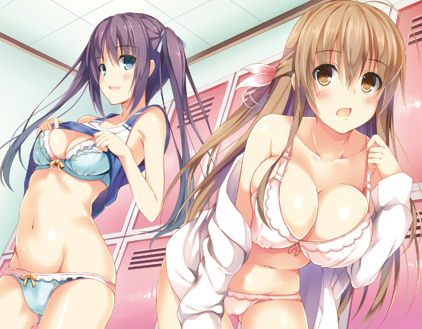 2girls ahoge black_hair blue_bra blue_eyes blue_panties blush bra breasts brown_eyes brown_hair ceiling character_request cleavage collarbone copyright_request hair_ribbon highres large_breasts leaning_forward locker long_hair multiple_girls navel nozomi_tsubame open_clothes open_mouth panties ribbon small_breasts tank_top tank_top_lift twintails underwear white_bra white_panties