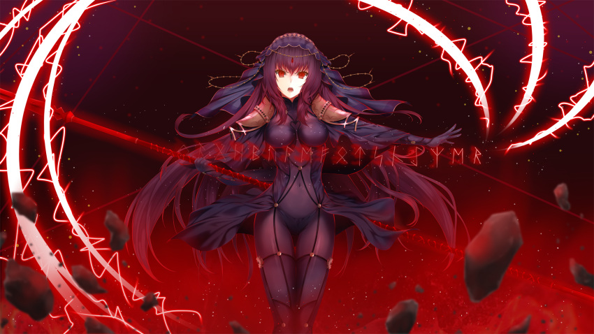 1girl :o armpits bangs bodysuit breasts circlet covered_navel fate/grand_order fate_(series) floating_rock gae_bolg gem glowing gradient gradient_background hajikaji highres holding holding_weapon light_particles long_hair looking_at_viewer medium_breasts motion_blur open_mouth outstretched_arm pauldrons purple_bodysuit purple_hair red_background red_eyes scathach_(fate/grand_order) shoulder_armor skin_tight solo standing thigh_gap v-shaped_eyebrows veil very_long_hair weapon