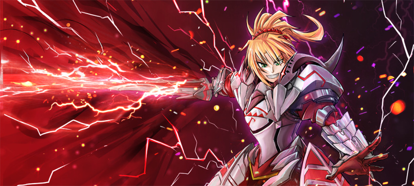 &gt;:d 1girl armor blonde_hair clarent fate/apocrypha fate_(series) green_eyes lightning mordred_(fate) mordred_(fate)_(all) ponytail solo uodo